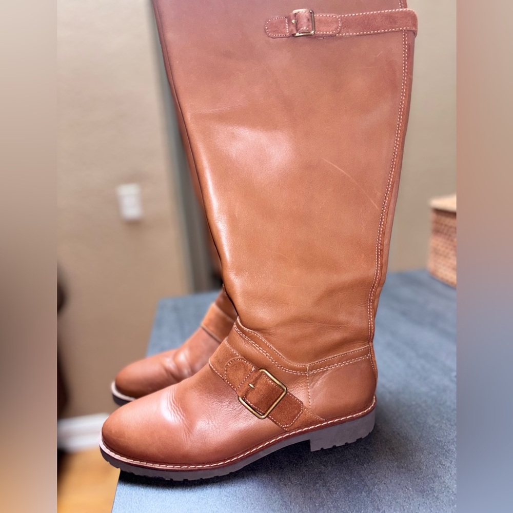Franco Sarto Tall Boots Women’s 9.5M Cognac Leather Buckle Zip Lug Sole